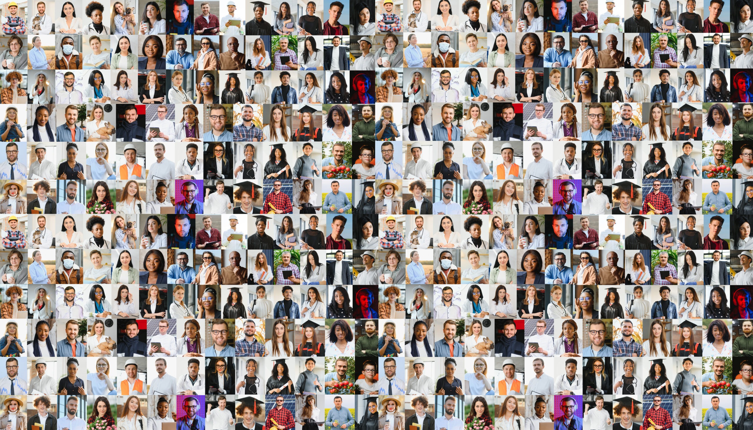 Hundreds of multiracial people crowd portraits headshots collection, collage mosaic. Many lot of multicultural different male and female smiling faces looking at camera. Diversity and society concept.