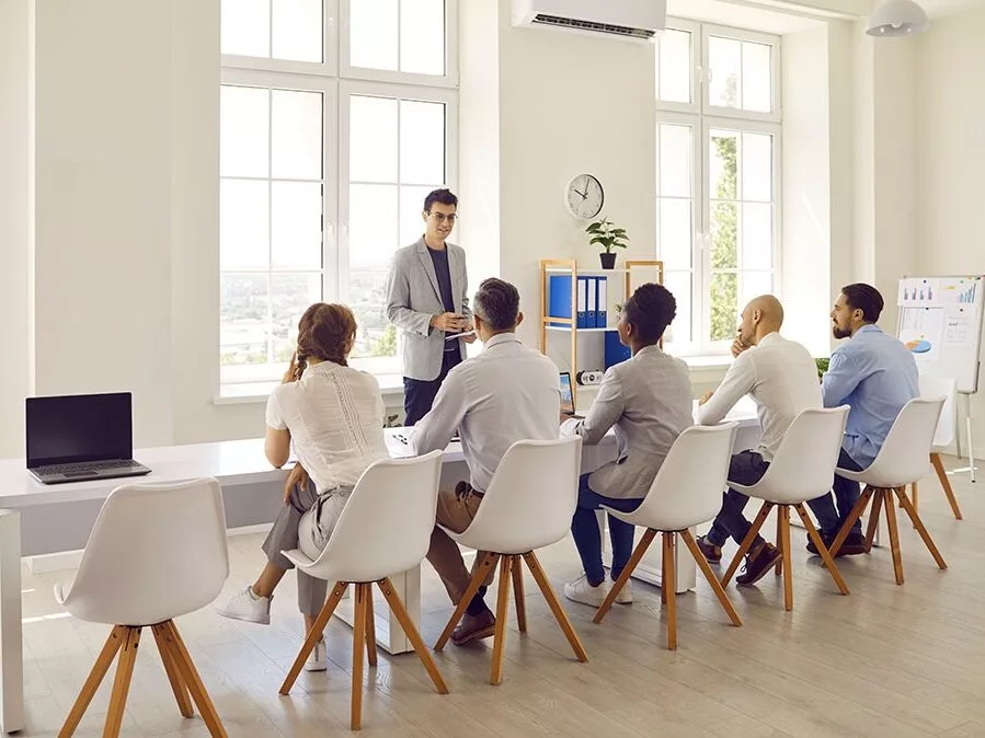 Employee gives presentation and explains business strategy to group of board of directors.